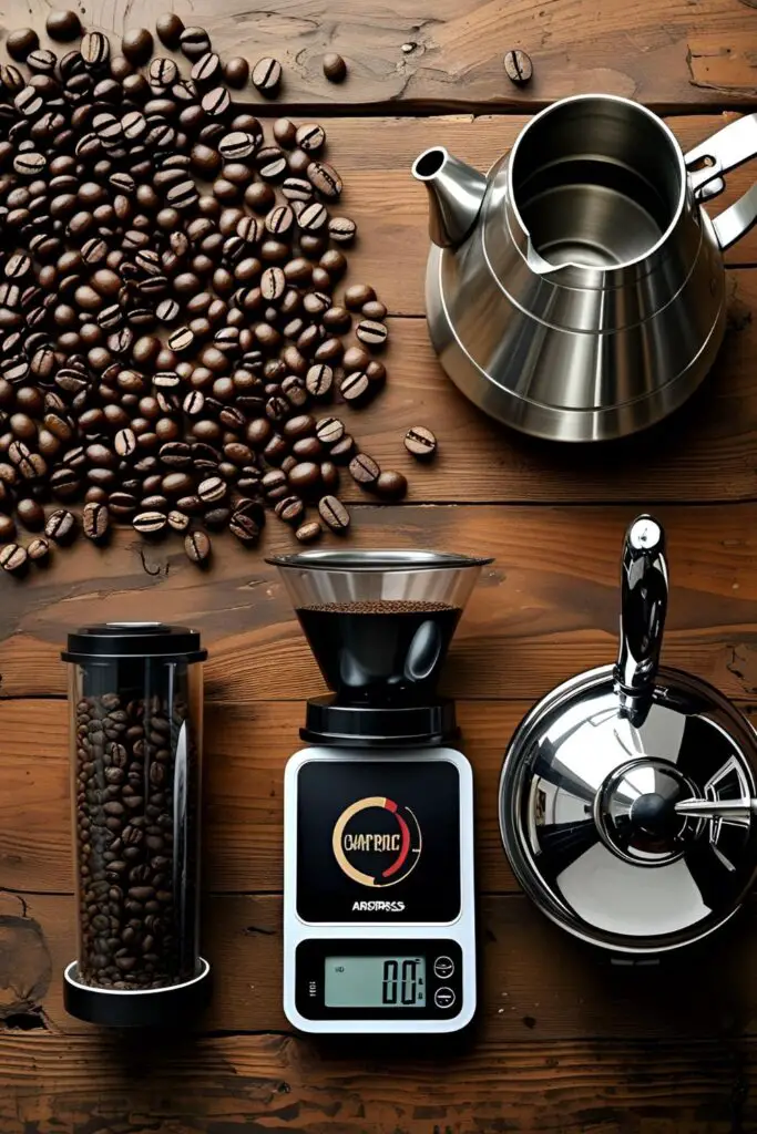  Espresso shot alongside AeroPress and grinder
