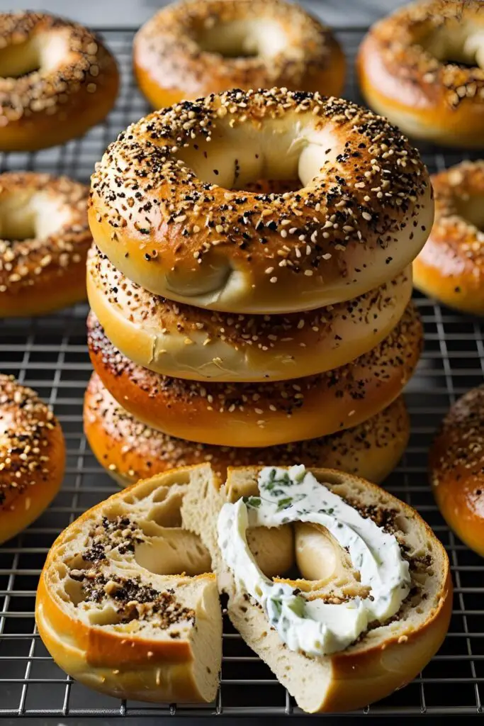 "Close-up of a sliced everything bagel with cream cheese spread, showing a golden crust and a generous mix of sesame, poppy seeds, dried onion, and garlic on top."