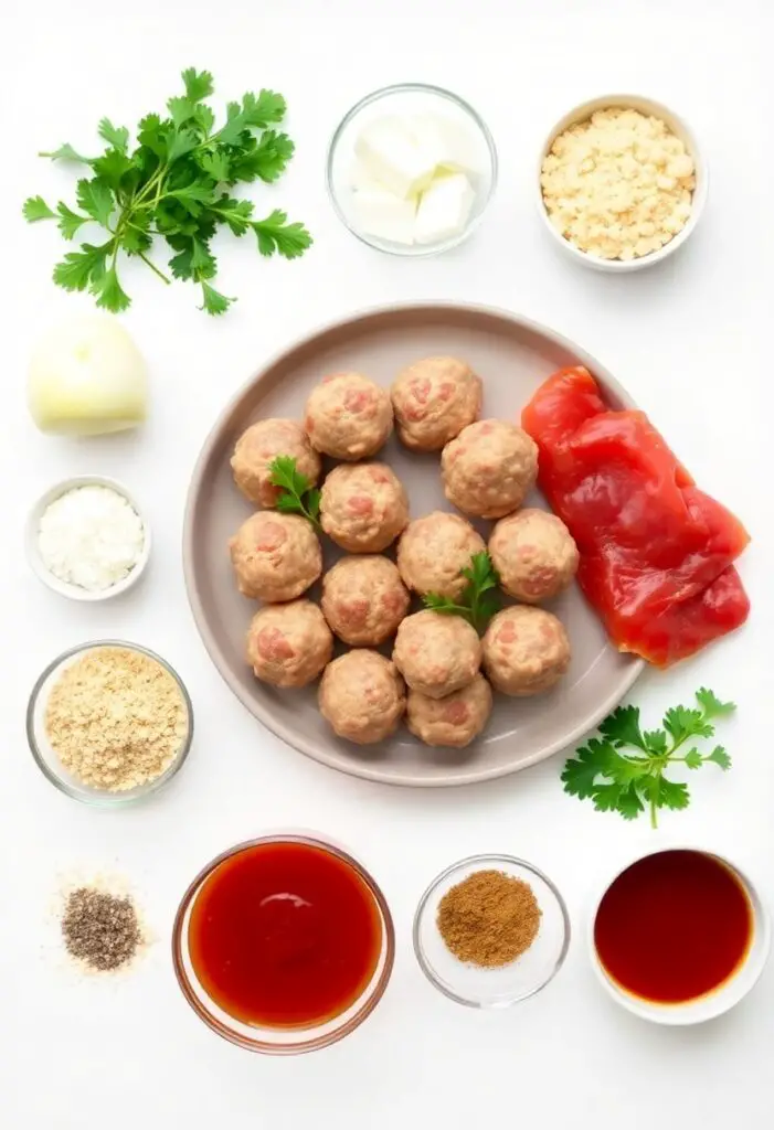 Close-up of creamy homemade IKEA meatballs served on mashed potatoes with fresh parsley