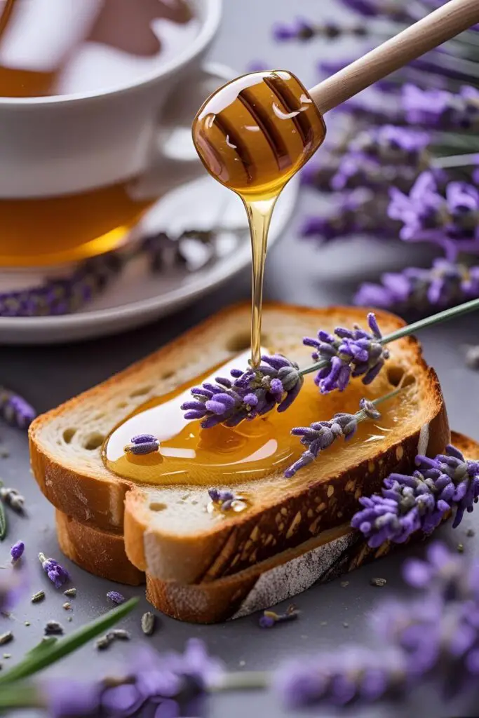  A glass jar of lavender honey with a wooden honey dipper and dried lavender buds on a wooden surface.