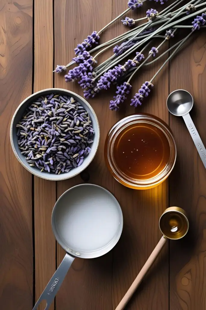 A spoonful of lavender honey being drizzled over a bowl of yogurt, with lavender flowers in the background.