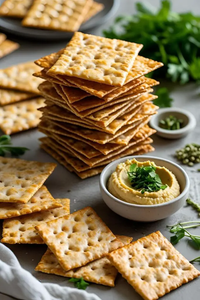 Homemade rice crackers arranged on a wooden board with dipping sauces.
