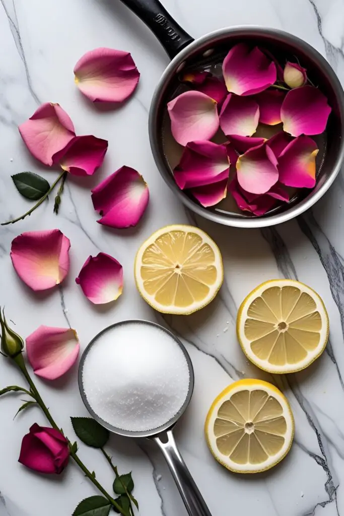 "Close-up of rose petal jam spread on a scone with edible rose petals.
