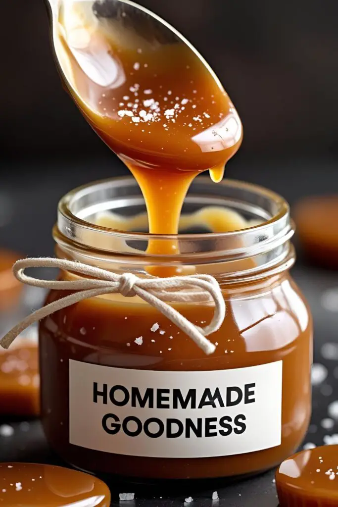  Gift-wrapped jar of homemade salted caramel with ribbon.