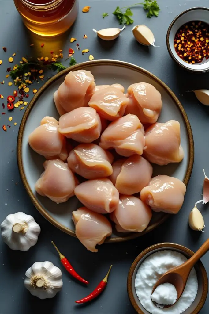 Close-up of honey garlic chicken bites on a white plate.