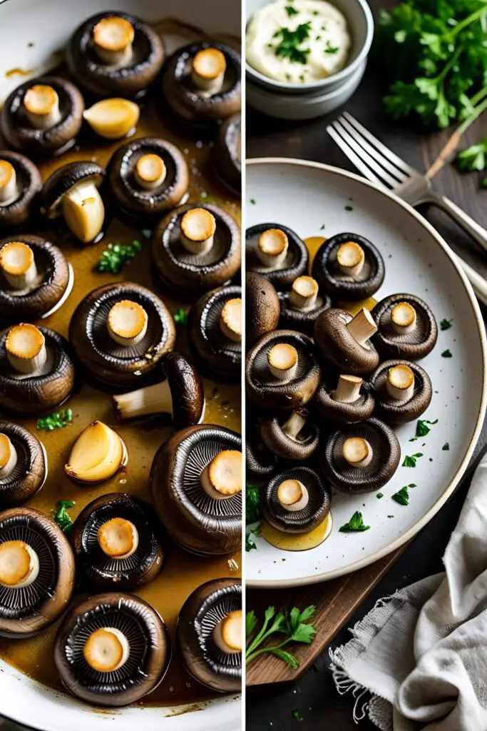 Ingredients collage including mushrooms, garlic, honey, olive oil, and parsley arranged neatly on a wooden table.
