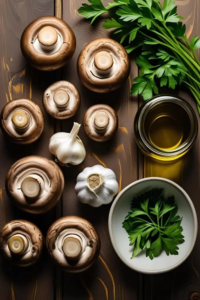 Ingredients collage including mushrooms, garlic, honey, olive oil, and parsley arranged neatly on a wooden table.