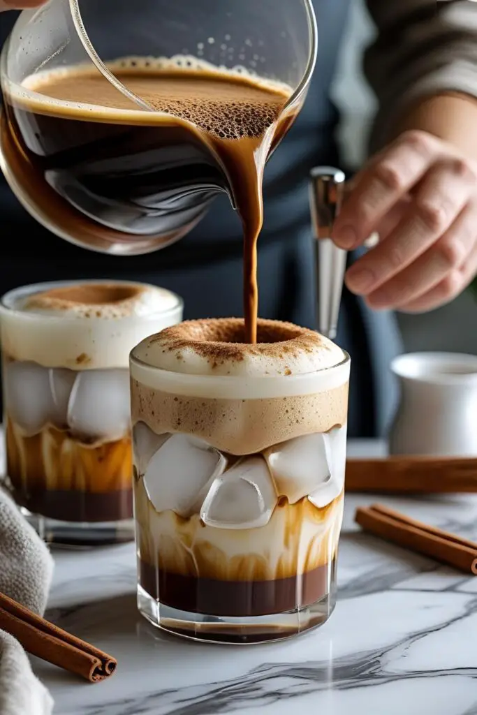 Mason jar filled with shaken espresso and oatmilk on marble table with coffee tools