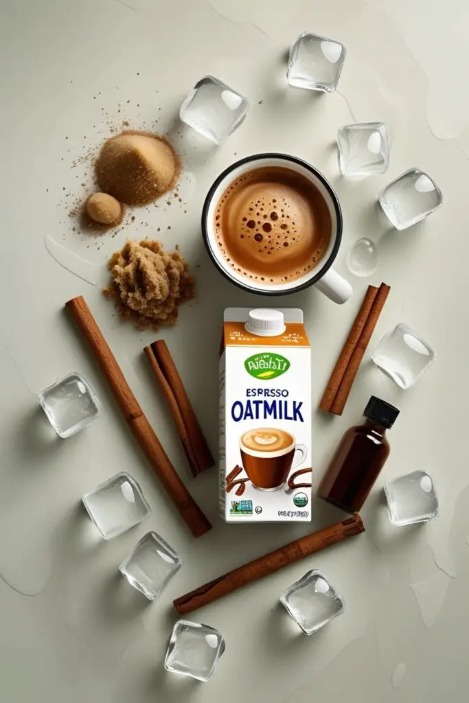  Close-up of oatmilk espresso with brown sugar swirls and reusable straw