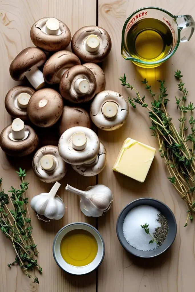 Close-up of sautéed garlic mushrooms in butter with herbs in a cast-iron pan.