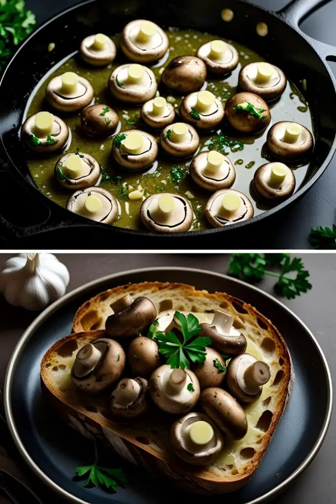 Juicy garlic mushrooms sizzling in butter with fresh thyme, close-up shot.