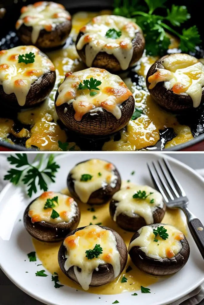 Close-up of cheesy garlic mushrooms in cast iron pan with melted parmesan and herbs