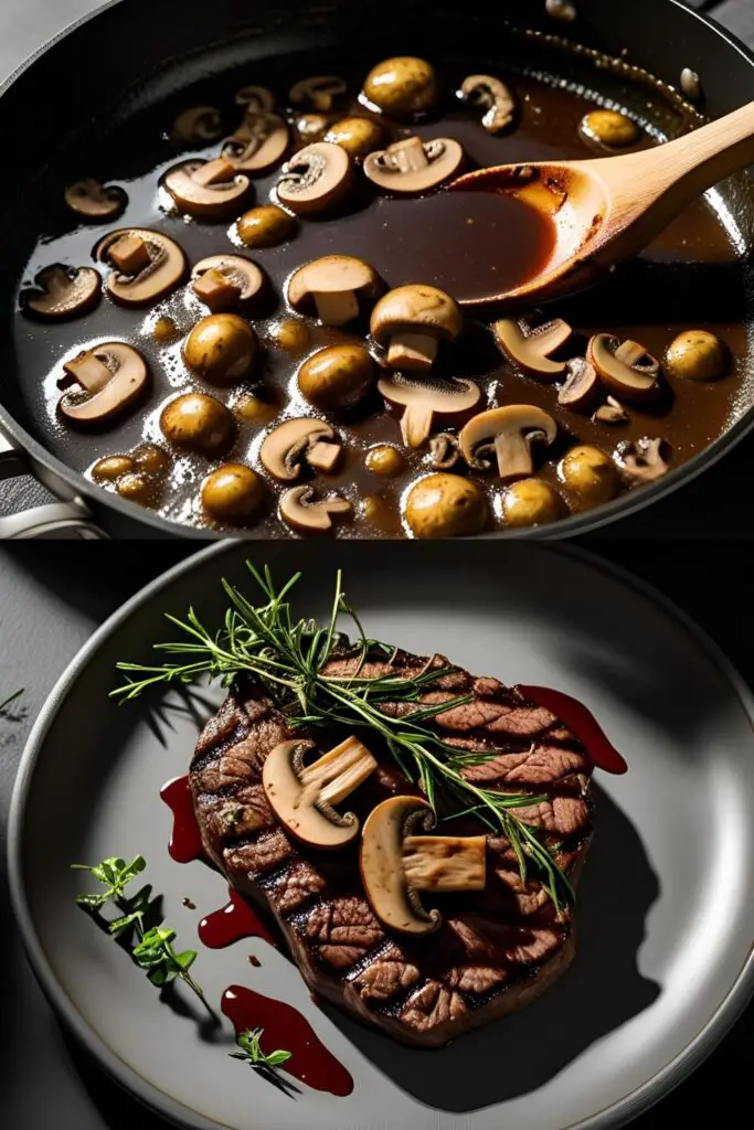 Gourmet mushroom sauce spooned onto grilled steak with wine glass in background