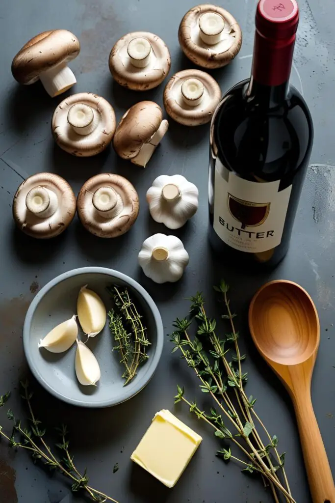 Skillet with bubbling red wine mushroom sauce and wooden spoon