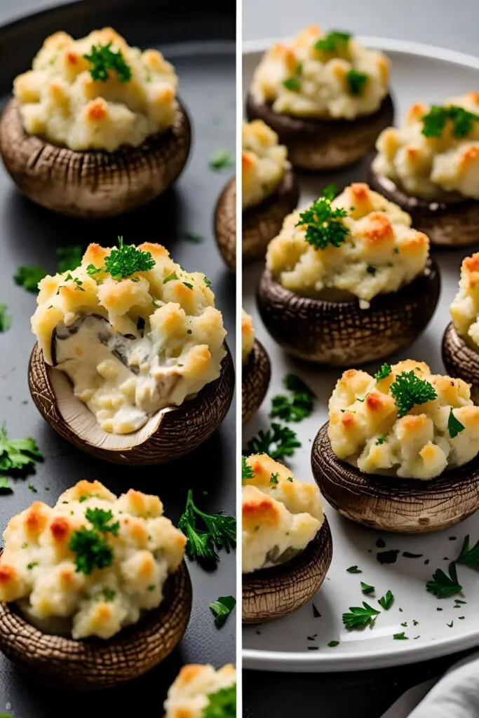  "Assorted spinach and cream cheese stuffed mushrooms on a serving tray, ready to be enjoyed."