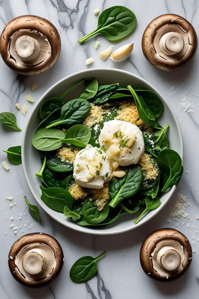  "Close-up of a spinach and cream cheese stuffed mushroom with a golden breadcrumb topping."