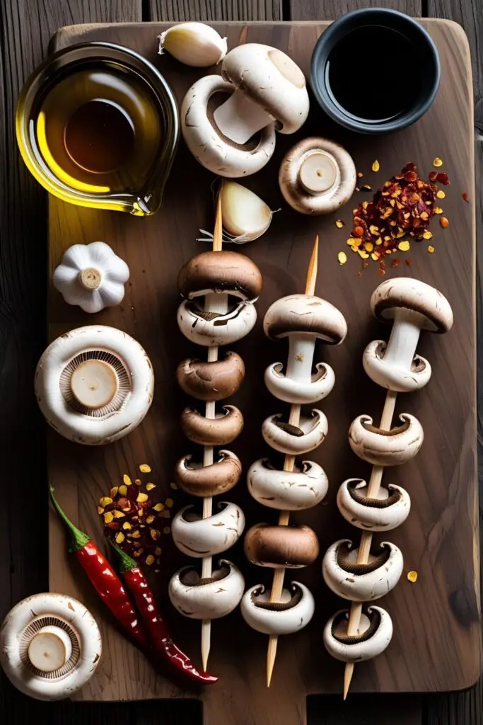 Grilled mushroom skewers with char marks on a wooden board, lemon wedge and herbs.