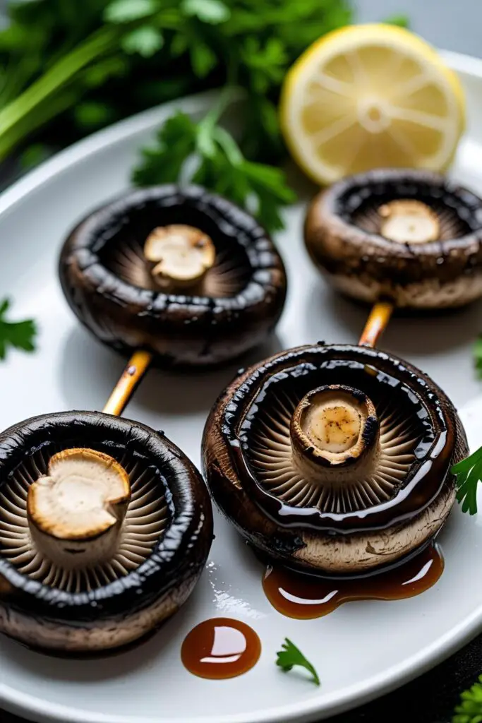 Macro shot of grilled mushroom skewer with glaze and fresh parsley garnish.