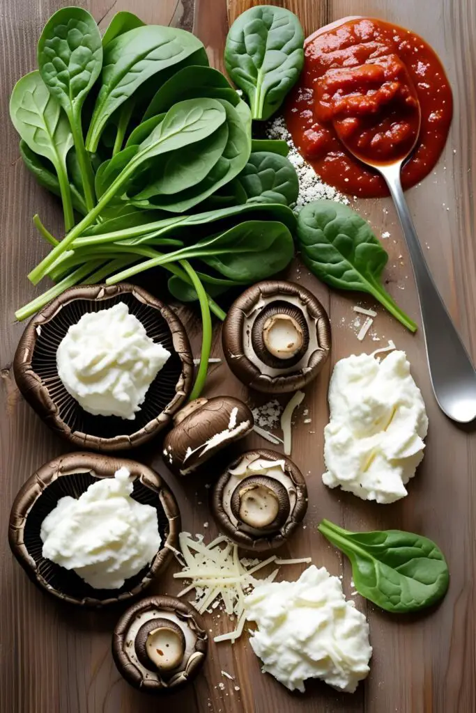Close‑up of stuffed portobello mushrooms with melted cheese and spinach