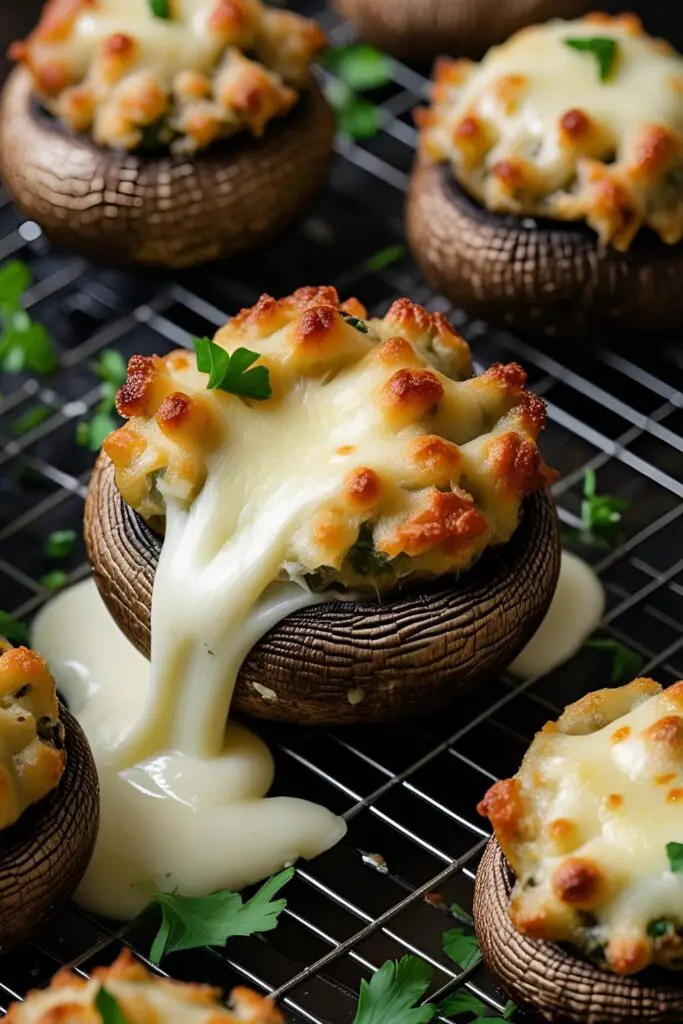 Rustic plate of lasagna stuffed mushrooms garnished with fresh herbs