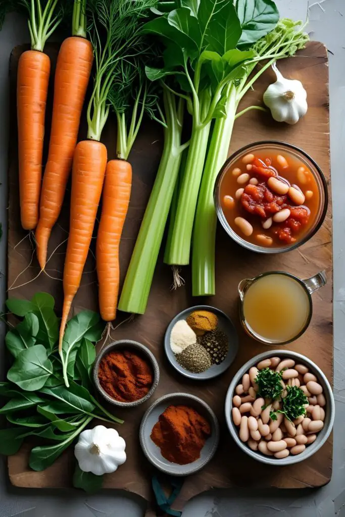  Close-up of colorful hearty soup with beans and vegetables in a white bowl