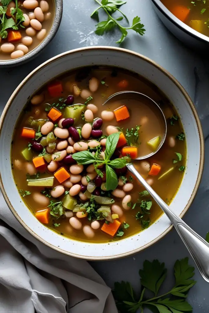  Hearty veggie and bean soup ladled into a bowl with bread on the side