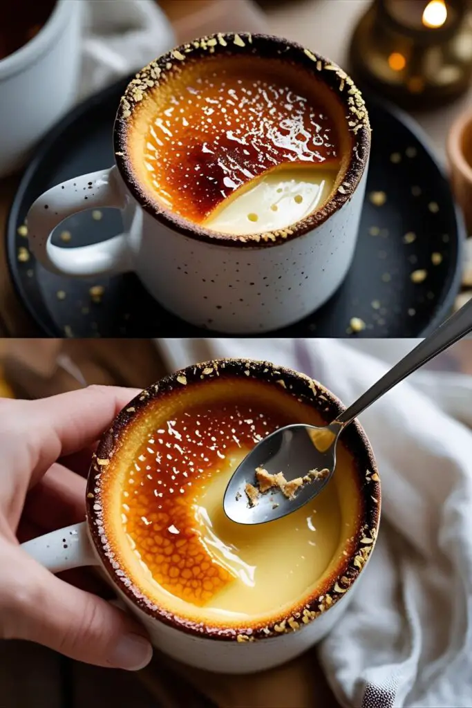 Whipped mug crème brûlée topped with berries and caramel crack
