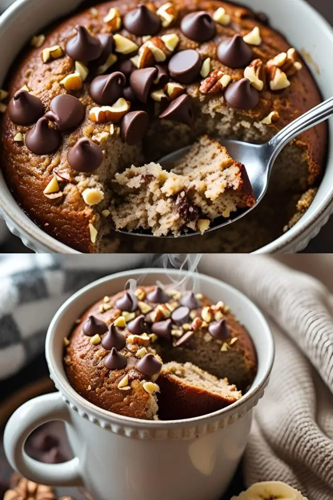 Banana bread in a white ceramic mug with a bite taken, steamy and topped with melted chocolate and nuts, on a cozy kitchen counter.

