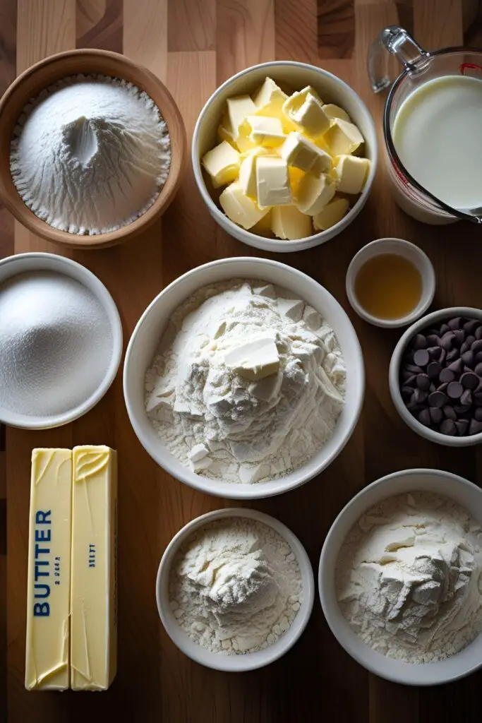 Flat lay of safe-to-eat no-bake cookie dough with various mix-ins like chocolate chips, sprinkles, and peanut butter swirls on a wooden surface.