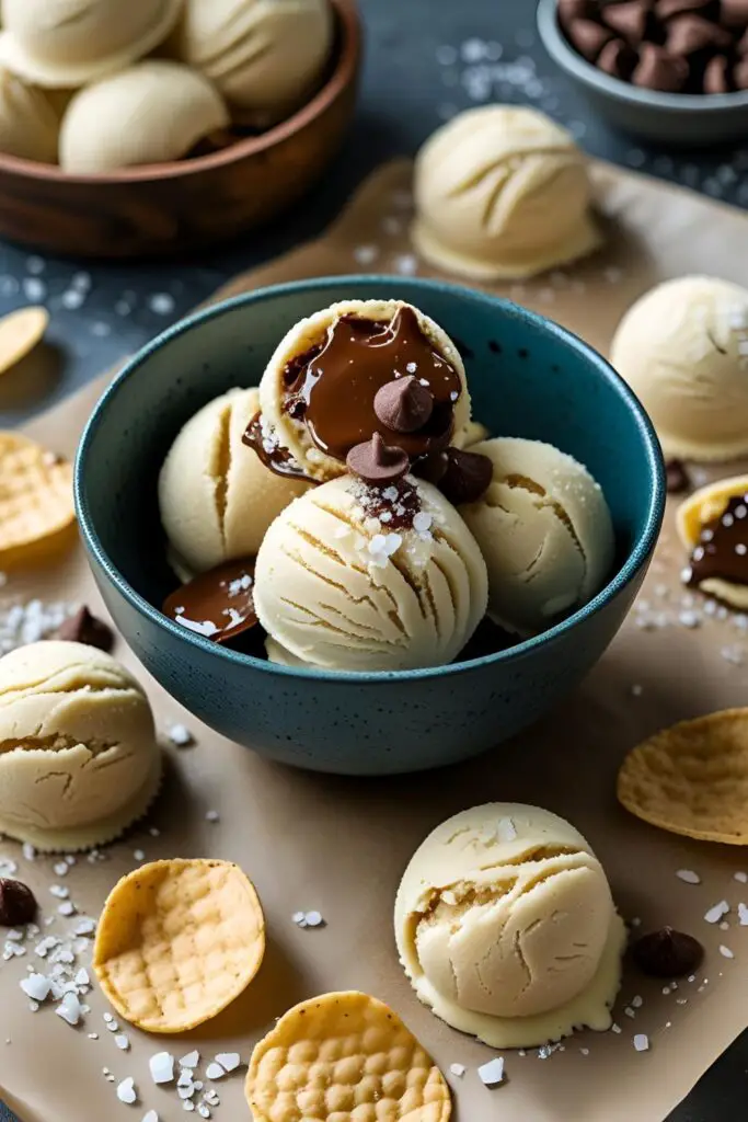 Close-up side view of no-bake cookie dough scoops on parchment paper, with melty chocolate chips and a sprinkle of sea salt for an indulgent dessert vibe.