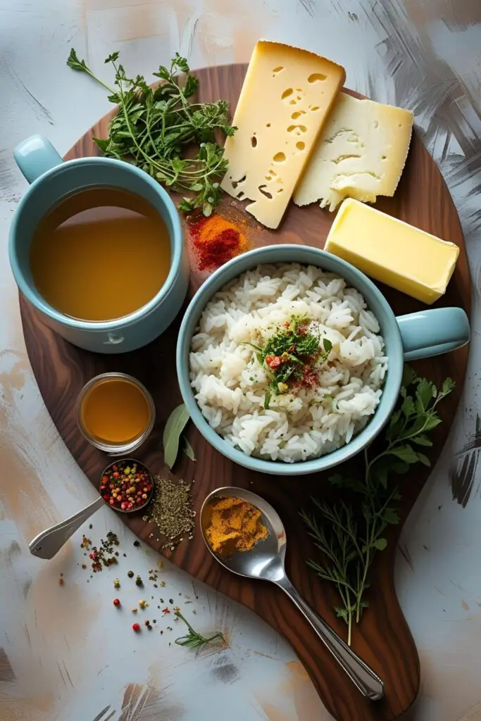 Close-up of cheesy risotto in mug with herbs