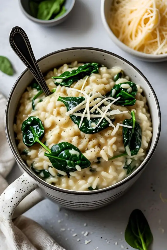Mug of steaming risotto topped with parmesan and green garnish