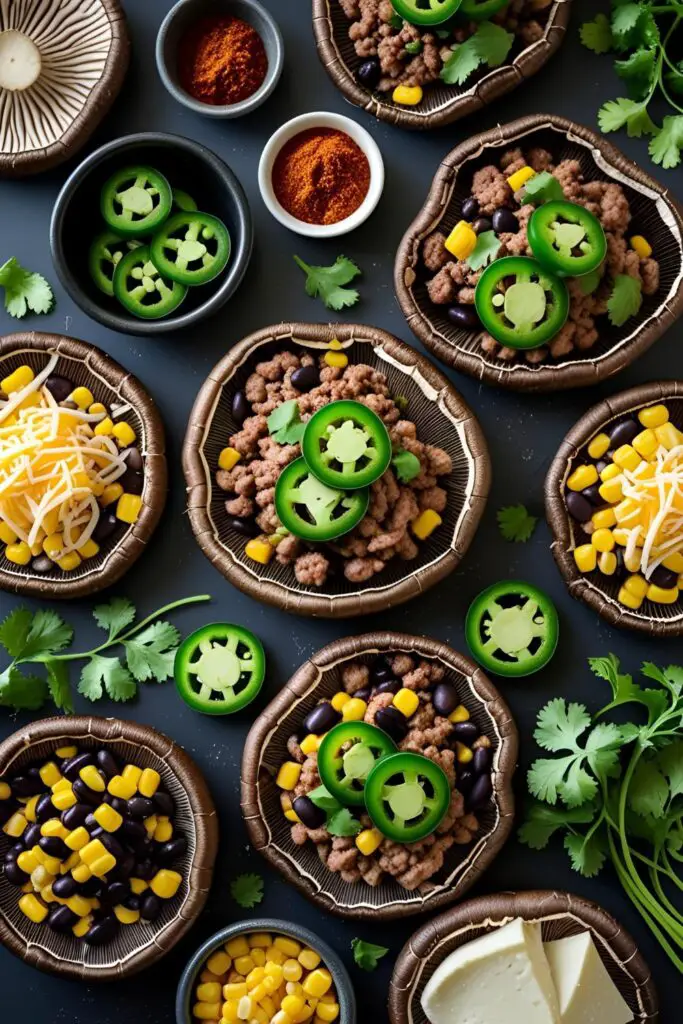 Top-down view of stuffed portobello mushrooms garnished with cilantro and lime on a dinner table.