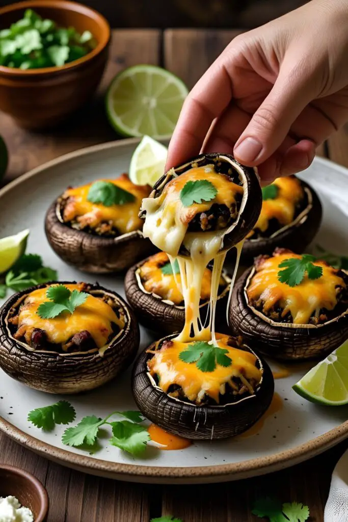 Close-up of cheesy Mexican stuffed portobello mushrooms garnished with cilantro on a serving platter.