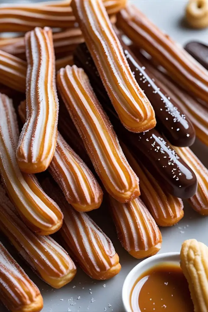 Mini churros drizzled with chocolate on wooden board