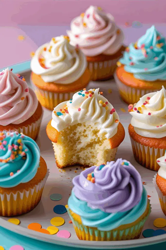 Close-up of a moist mini cupcake with piped frosting, surrounded by baking ingredients