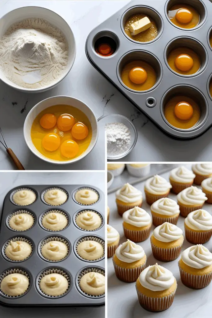Mini cupcakes with colorful swirled frosting and sprinkles on a cooling rack