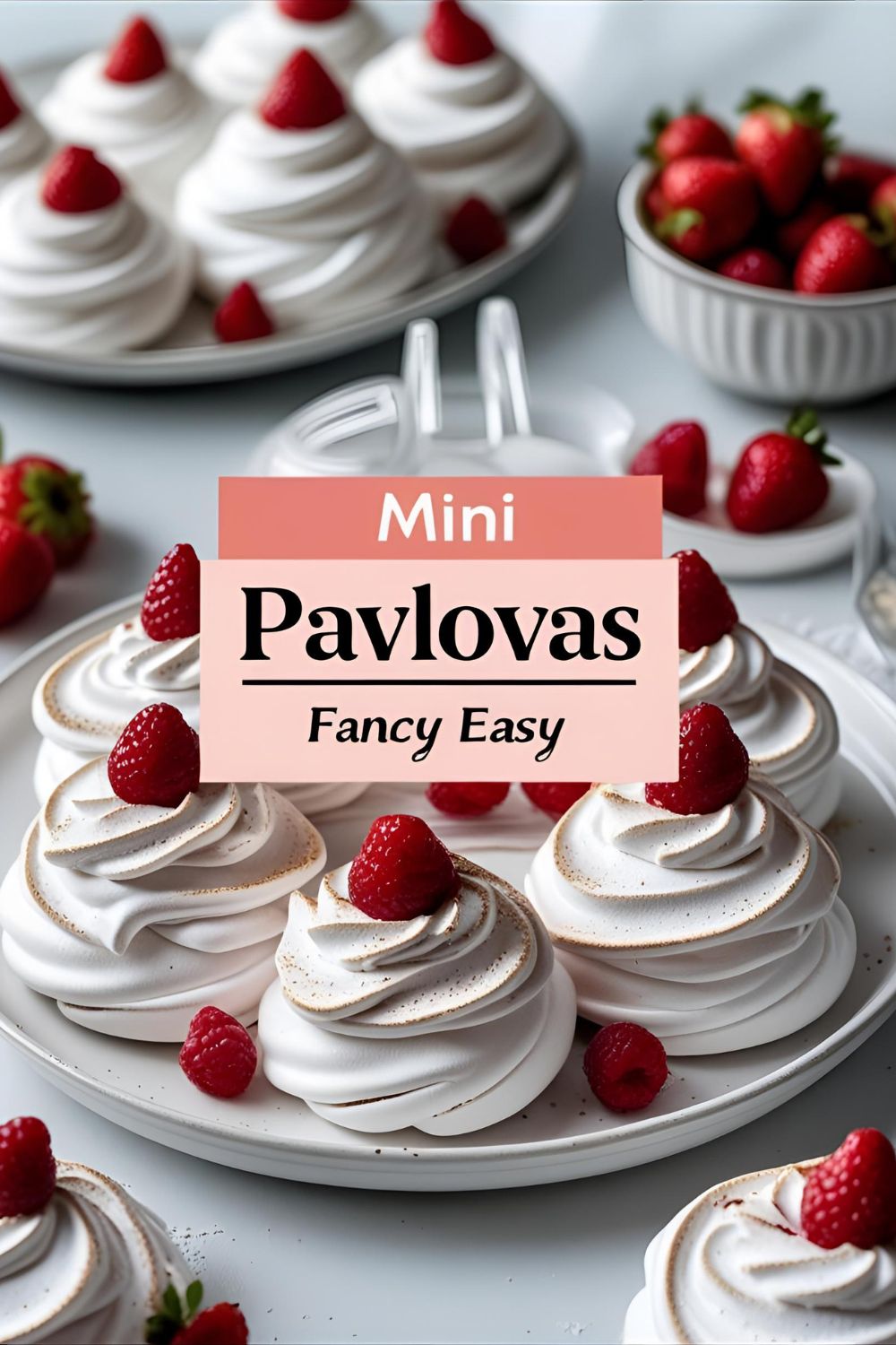 Mini pavlovas topped with berries and whipped cream on white plate