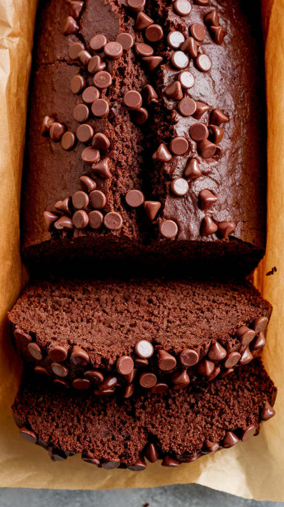 Overhead shot of a whole chocolate banana bread loaf with melted chocolate and a crackled top on a cooling rack