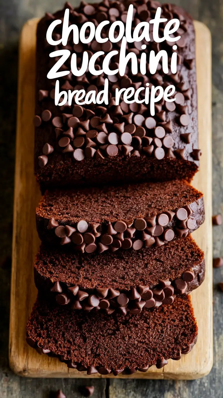 Chocolate zucchini bread sliced on a wooden board with melted chips and dark, moist texture.