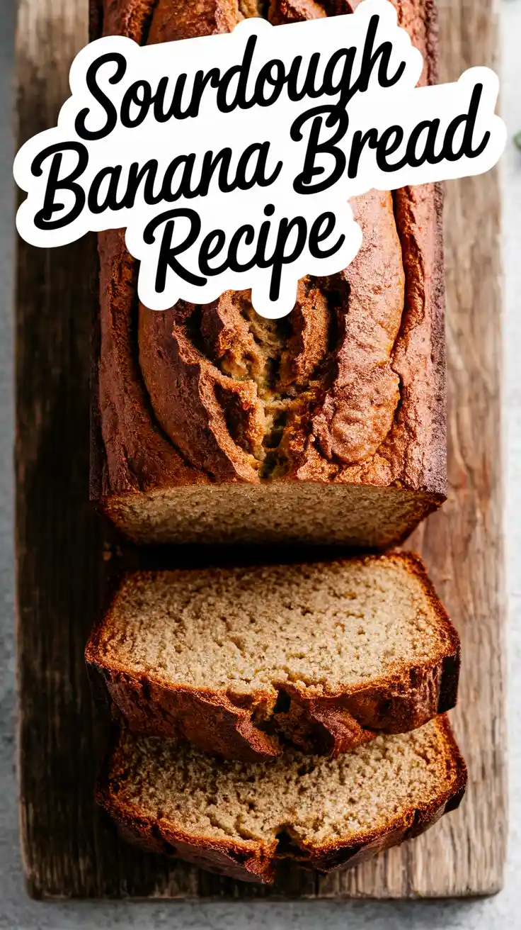 Golden sourdough banana bread loaf sliced on a cutting board with moist crumb and rich color.