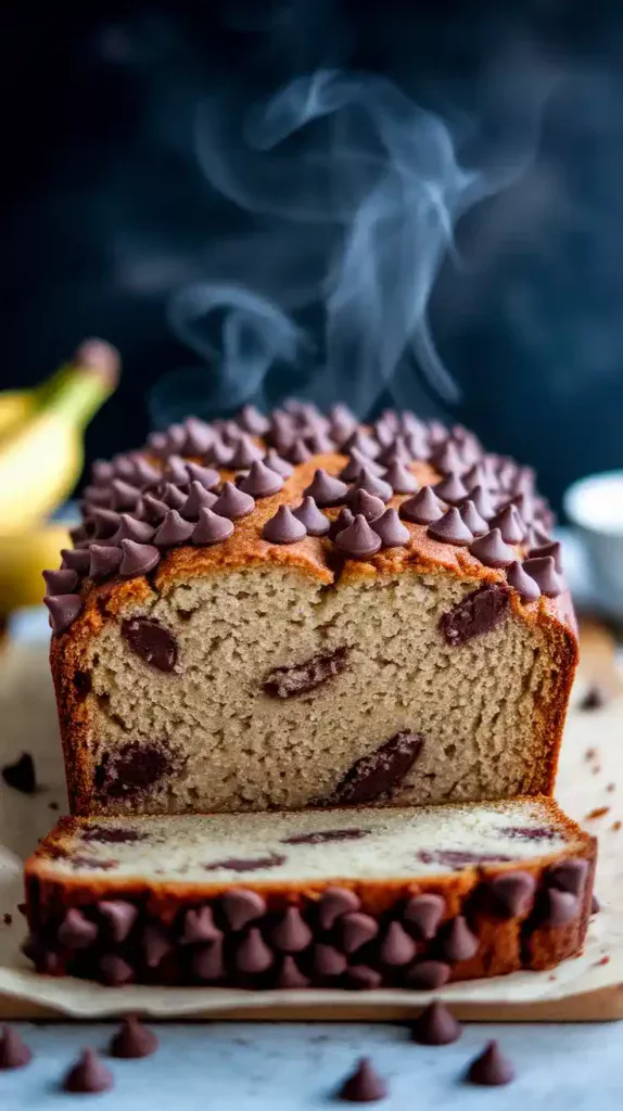 Overhead shot of a vegan banana bread loaf with slice removed, showing tender crumb and chocolate chips.