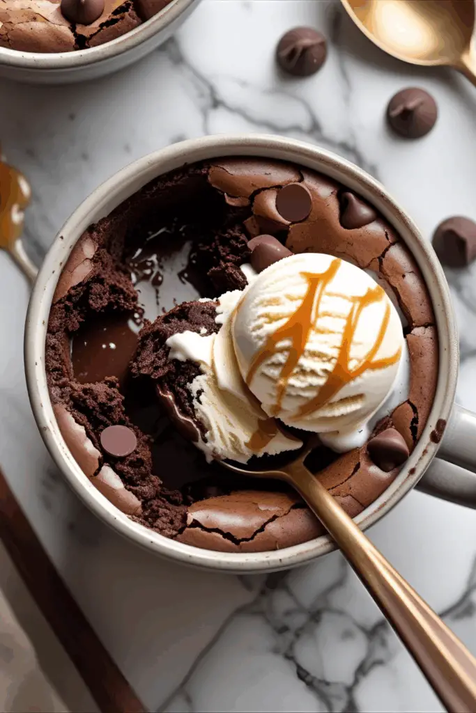 Close-up mug brownie with gooey center and spoon
