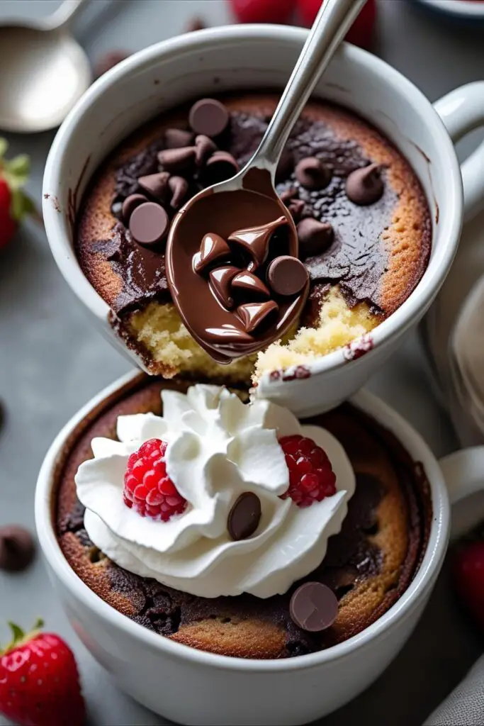 Chocolate mug cake in a mug cocoa dusted top