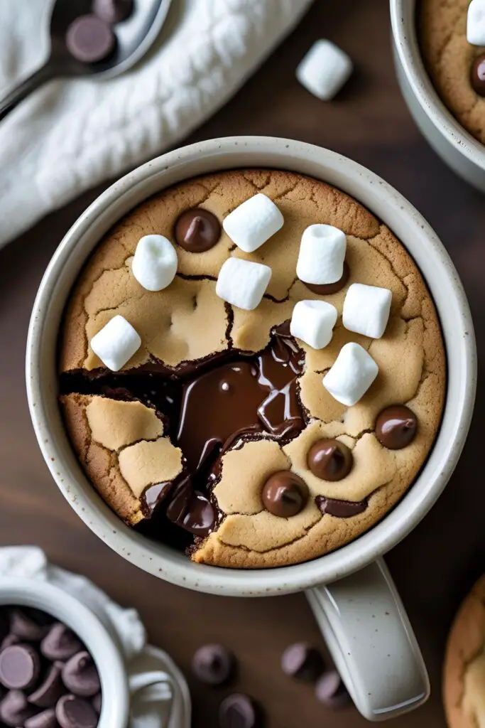 Cozy mug cookie topped with melting chocolate chips, spoon beside mug.