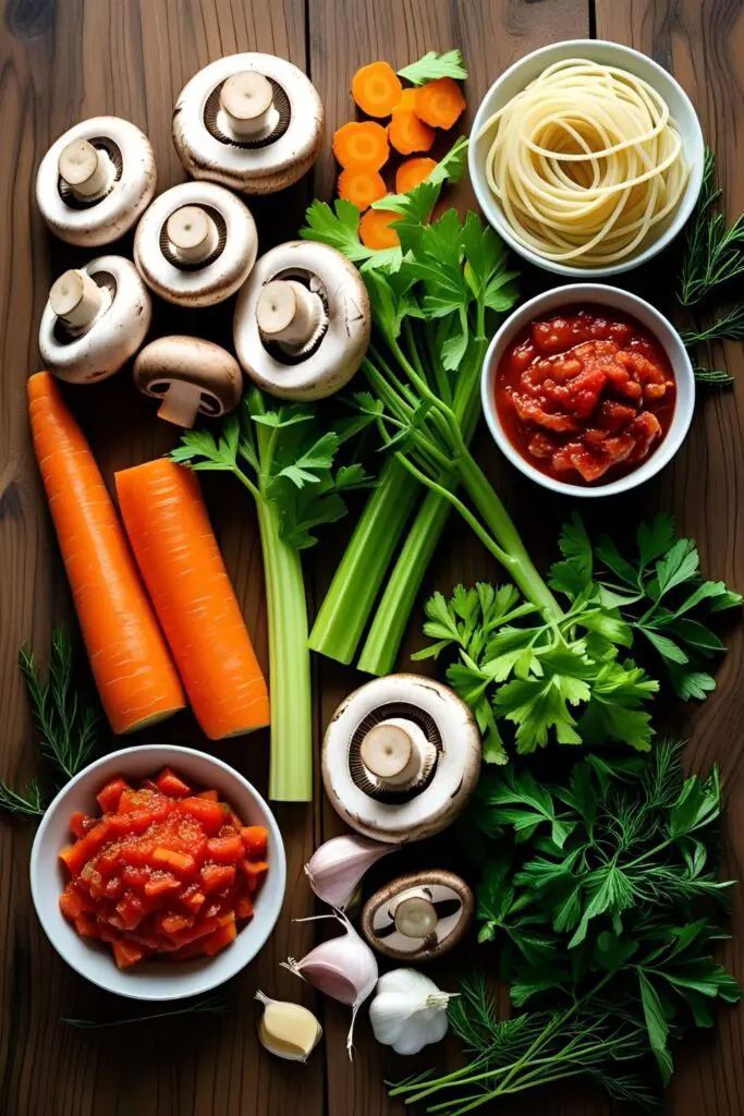 Top-down close-up of creamy mushroom bolognese spaghetti with fresh parsley garnish.