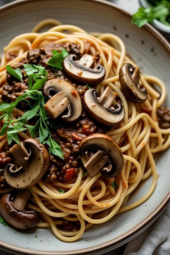 Close-up of vegan mushroom bolognese spaghetti with a sprinkle of fresh herbs.
