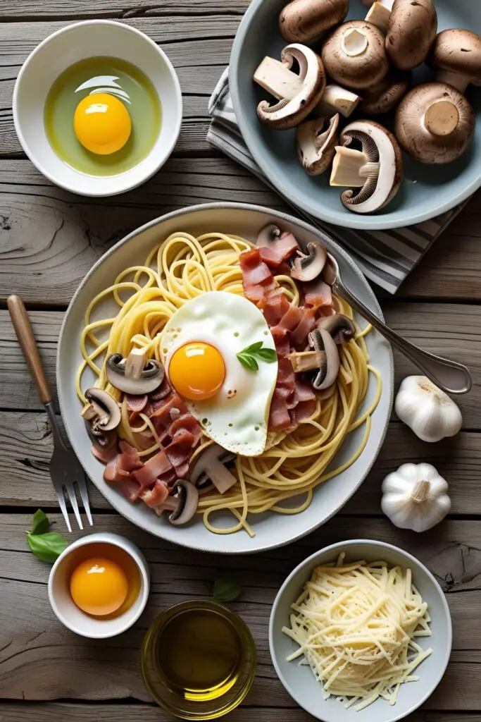 Fork twirl of creamy mushroom carbonara with melting cheese and golden pancetta