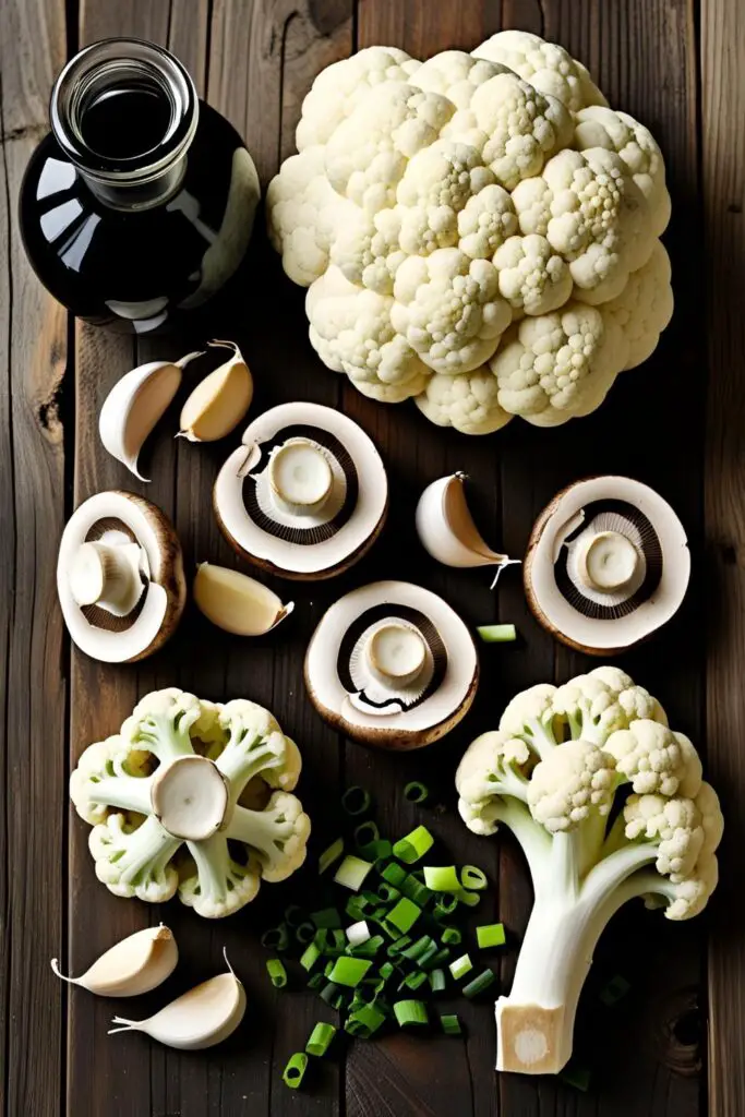 “Flat lay of fresh ingredients including cauliflower florets, mushrooms, garlic, bell pepper, green onions, and seasonings arranged on a wooden surface, ready for making mushroom cauliflower rice