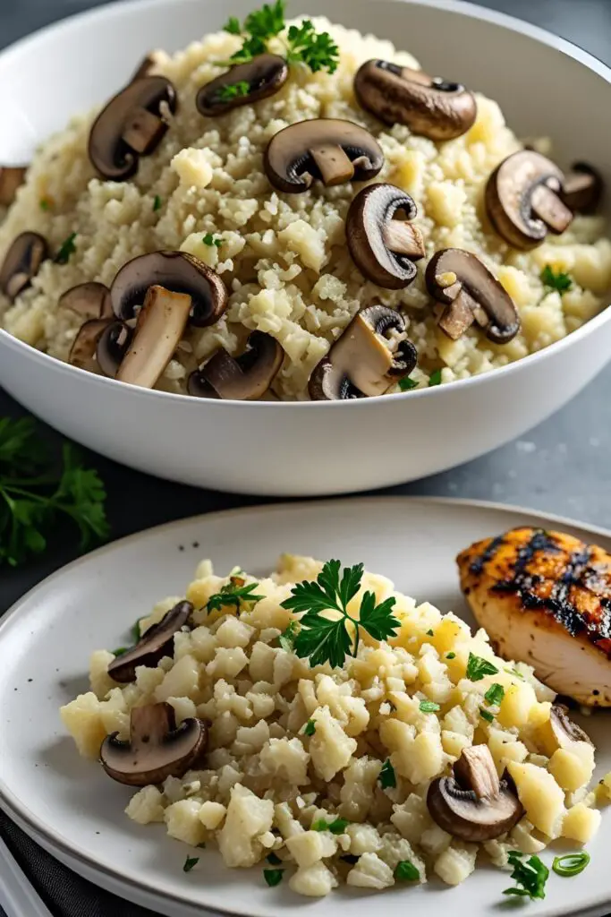 “Close-up of a bowl filled with sautéed mushroom cauliflower rice, with visible chunks of mushrooms, red bell pepper, and a garnish of green onions, highlighting its vibrant texture and color.”